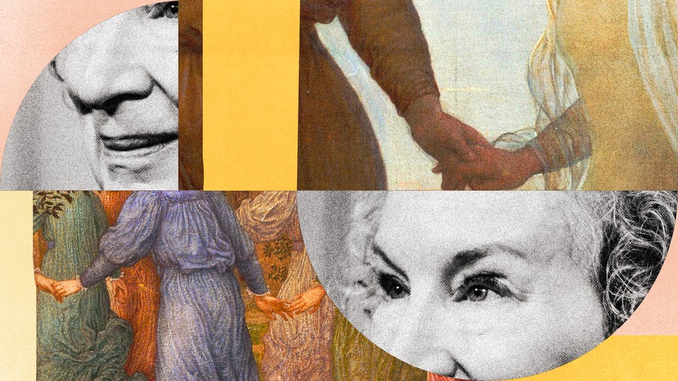 A collage of Margaret Atwood's face in black and white interspersed with paintings in color of people holding hands