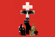 Two patriarchs sitting opposite each other at base of Orthodox-cross-shaped photo of Vladimir Putin, all on red background