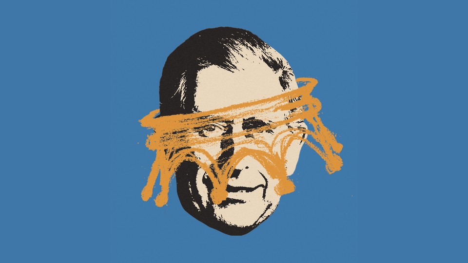 illustration of King Charles III with hand-drawn gold crown upside down around his ears on blue background