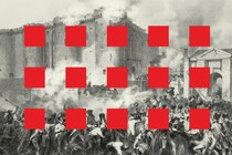 Red squares over the scene of an uprising