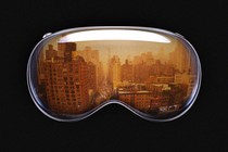 The Apple Vision Pro with an image of smoky New York superimposed on top
