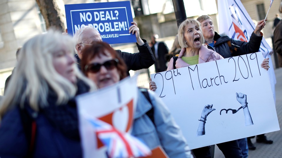 Brexit supporters protest outside Downing Street in February 2019.