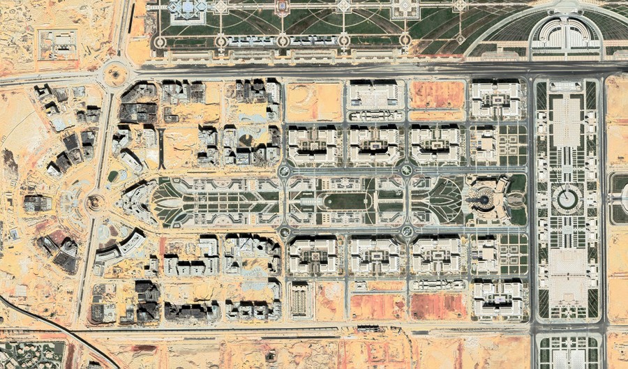 A satellite view of buildings in a government district under construction
