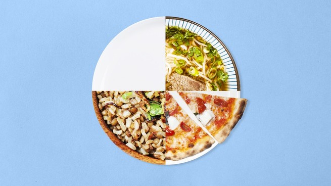 A plate with different types of food on it, including pizza and soup