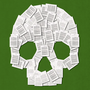 An illustration of printed essays arranged to look like a skull