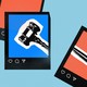 Scattered, cut-out Instagram-like posts depicting a gavel on a red and blue background
