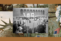 A black-and-white photo of protesters holding up picket signs with the images of murdered civil-rights workers James Chaney, Andrew Goodman, and Michael Schwerner. The image is set into a frame featuring The Experiment’s show art.