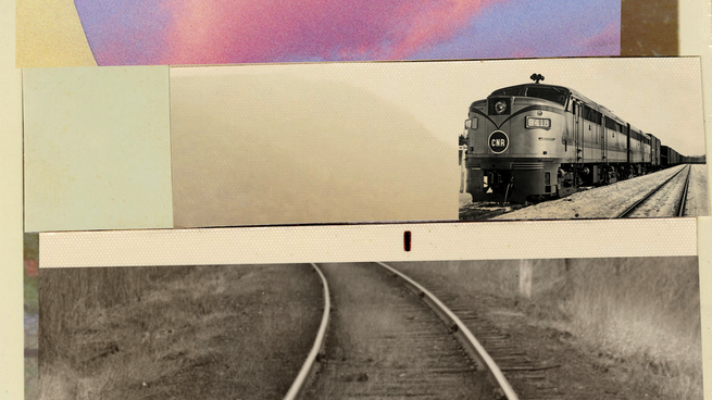 A portrait-oriented collage featuring horizontal strips of photos of (from top to bottom) pink clouds, a train seen from the front, railroad tracks, a rail worker, and a landscape where prairie and mountain meet.