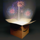 Photo-illustration of an Amazon box, open, with fireworks coming out of it