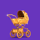 A sparkling gold baby buggy against a purple background