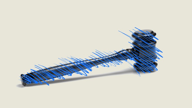 A judge's gavel scribbled out in blue
