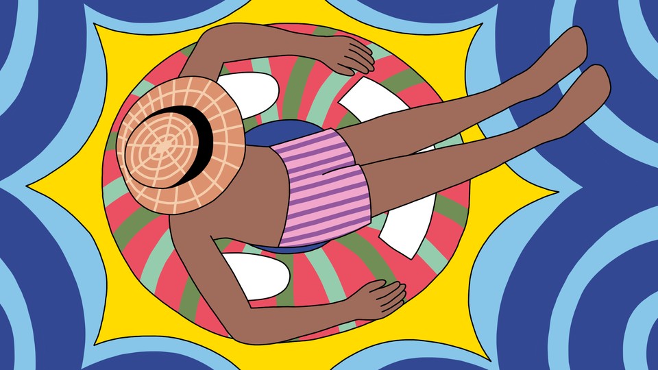An illustration of a man lying on a smiling pool lounger