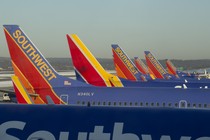 A line of Southwest airline airplanes