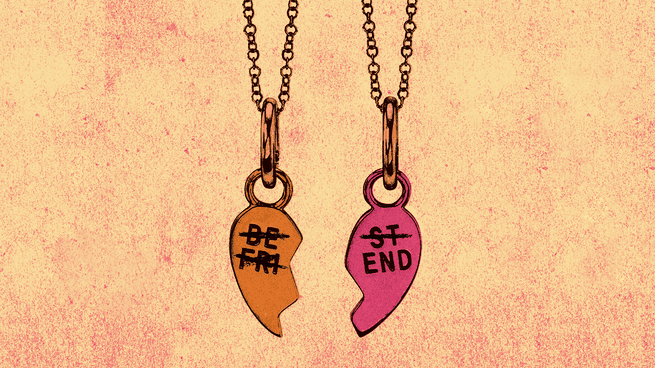two "Best Friend" necklaces, each with half a heart, hanging side by side with all text except "End" crossed out