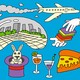 An illustrated collage on a blue background, showing the Chicago bean, an airplane, Batman, deep-dish pizza, cocktails, a rabbit coming out of a hat, and other elements.