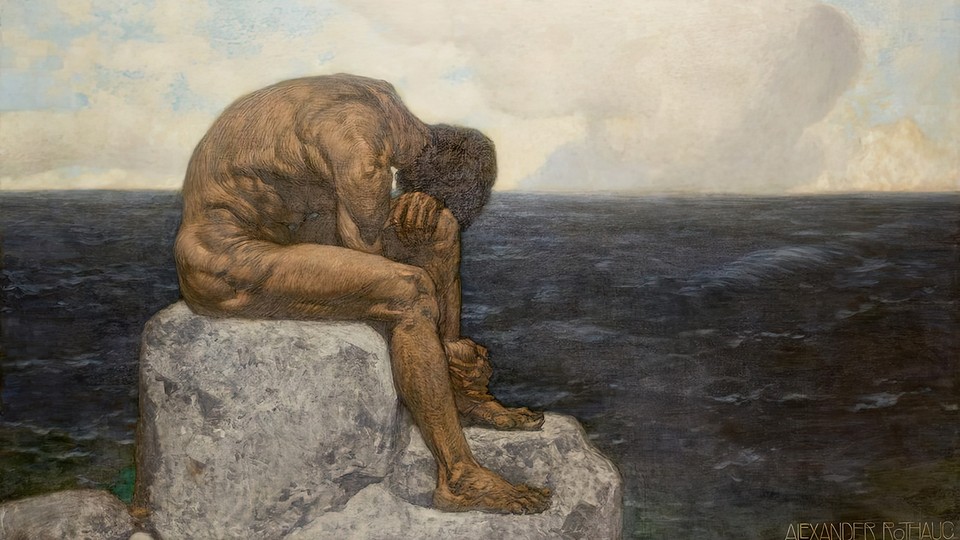 Painting of a nude man sitting crouched over on a rock near the sea