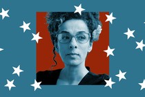 Photo of Masih Alinejad against a blue background and white stars