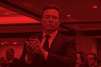 In a red image, Elon Musk claps and looks at the camera.