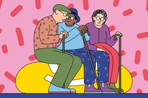 Illustration of three elderly people sitting on a large, elongated smiley face