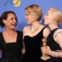 Laurie Metcalf, Greta Gerwig, and Saoirse Ronan pose backstage with their Best Motion Picture: Musical or Comedy award for 'Lady Bird.'.