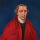 illustration in style of oil painting of brown-haired colonial American man in red cloak on blue background
