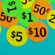many neon colored price stickers