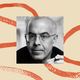 A black-and-white photo of David Brooks, surrounded by an illustrated border