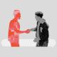 An animated illustrated GIF of a man shaking hands with a silhouette of moving pixels