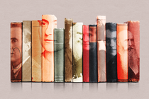 photos of contributors to the Oxford English Dictionary on a row of book spines