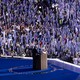 Joe Biden gives a speech at the DNC surrounded by "We Heart Joe" signs