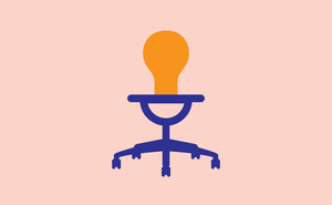 illustration of blue office chair with baby pacifier–shaped seat on pink background