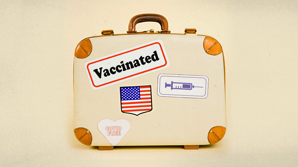 A suitcase with four stickers. One features a syringe, one is a U.S. flag, one says "Vaccinated," and another says "COVID Free."