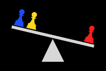 A single red pawn on one end of a seesaw scale outweighs two pawns on the other end, one blue and one yellow.