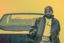 Grainy photograph of Kendrick Lamar leaning back on the hood of a car.