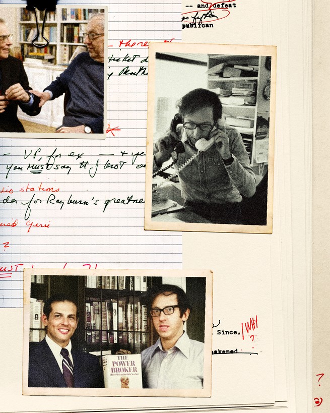 Collage of images of Robert Caro and Robert Gottlieb, over a notebook page marked up in red pen