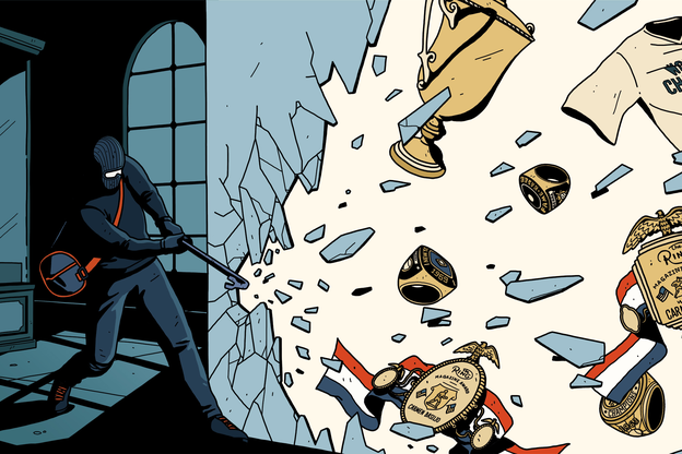 comic-book-style illustration of masked figure in all black smashing a glass case with a crowbar, with trophies, rings, belts, and shirts flying out