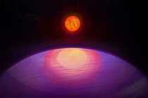 An illustration of a small sun shining on a large, reflective planet in space