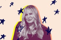 Photo illustration of Jennifer Coolidge surrounded by drawings of navy-blue stars