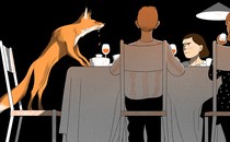 An illustrated fox drooling at a thanksgiving table