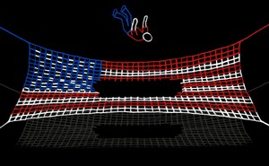 A man falling into a U.S. flag, drawn as a net with a hole in the middle