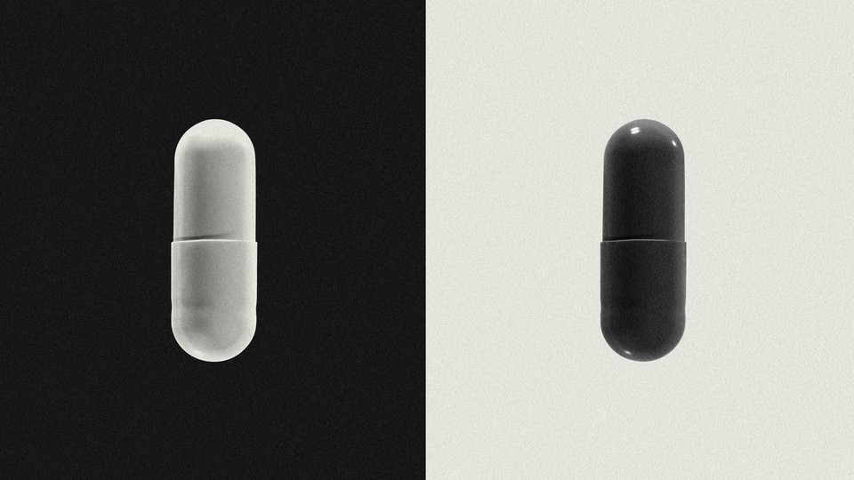 A white pill against a black background on one side of the image, a black pill against a white background on the other