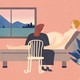 A pregnant woman lies in bed looking out the window as her friend sits nearby in a chair