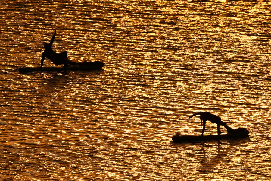 Two people do yoga poses on paddleboards at sunset.