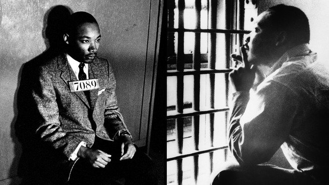 Left: King is ready for a mug shot in Montgomery, Alabama, after his 1956 arrest while protesting the segregation of the city's buses. His leadership of the successful 381-day bus boycott brought him to national attention. Right: In 1967, King serves out the sentence from his arrest four years earlier in Birmingham, Alabama.