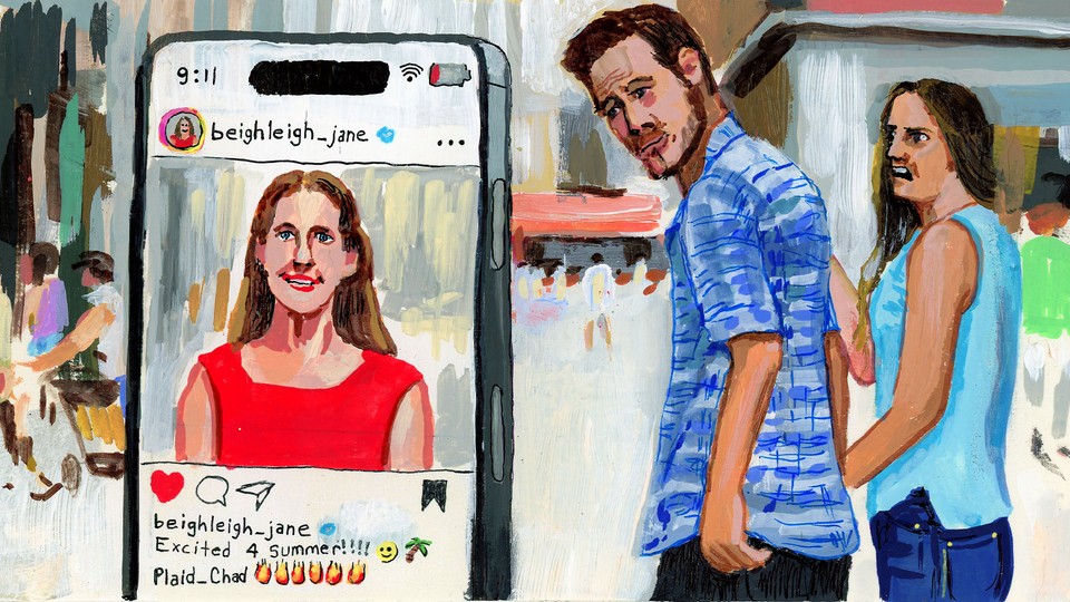referencing the distracted boyfriend meme, a man looks back at a woman's Instagram profile, his girlfriend aghast
