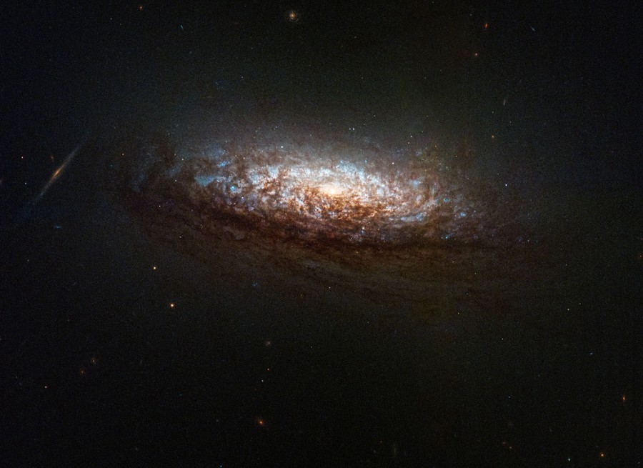 A telescopic view of a distant spiral galaxy dominated by thick lanes of dark dust