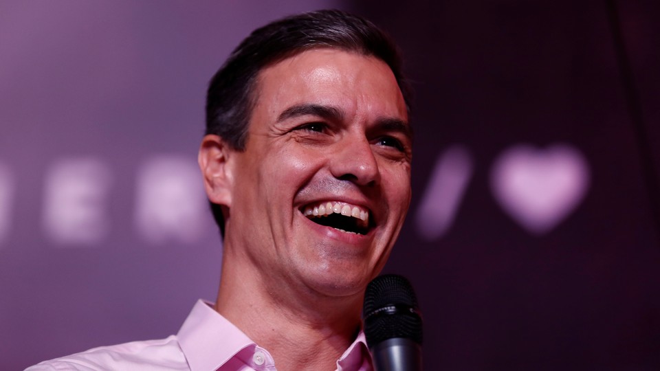Pedro Sánchez speaks to supporters while celebrating the election results in Madrid.