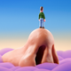 A claylike illustration of a man standing on top of a giant nose, above a cloud of purple fragrance.