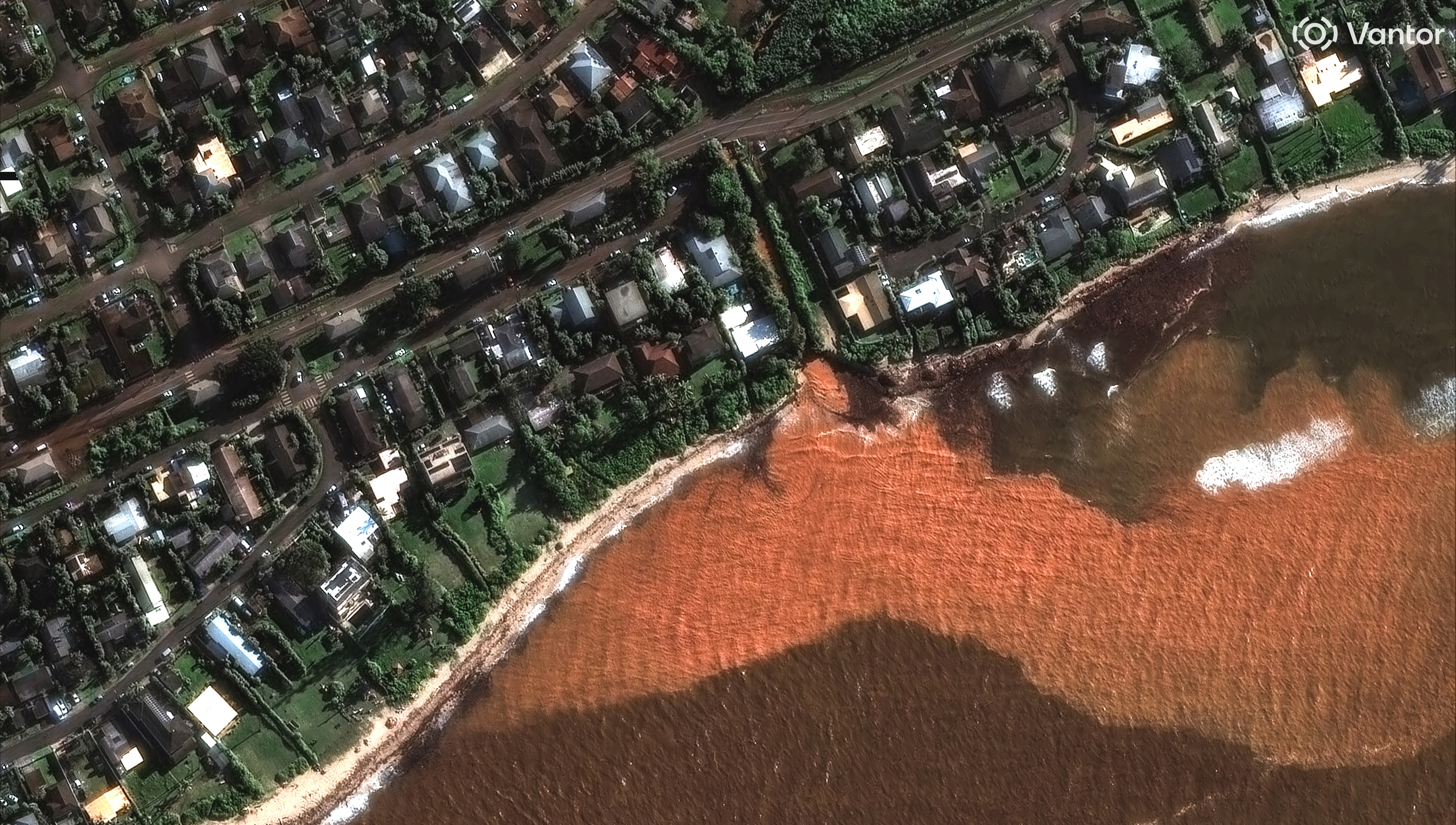 A satellite image shows muddy storm sediment flowing into the ocean alongside a residential neighborhood.