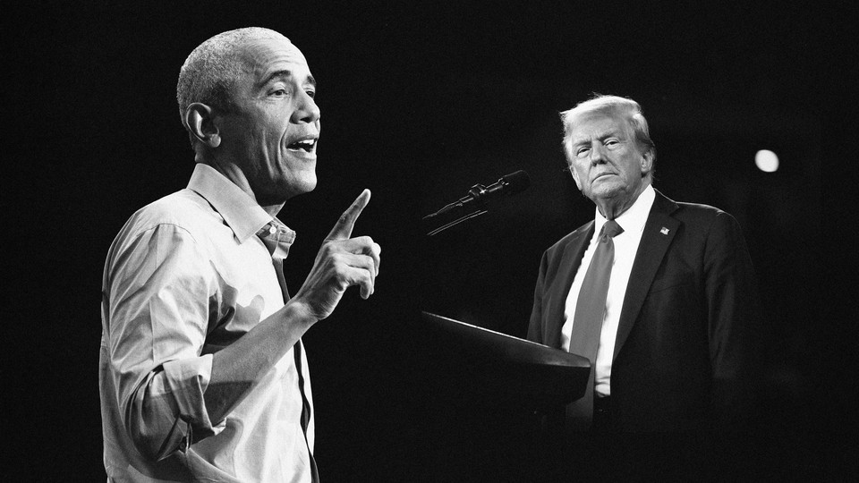 A black-and-white photo collage of Barack Obama and Donald Trump